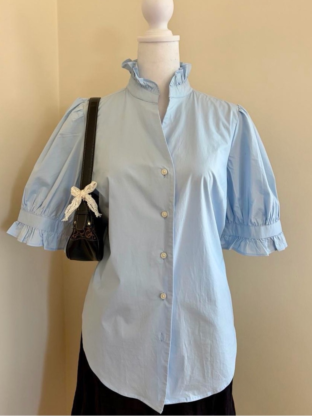 Ann Taylor babydoll Victorian ruffle high neck lolita button up blouse blue XS/S